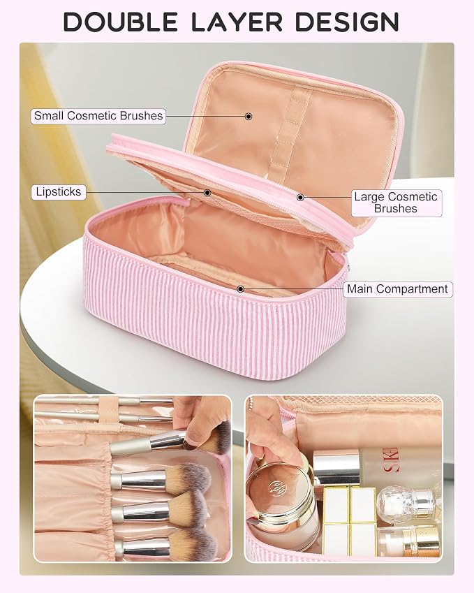 Relavel Pink Makeup Bag, Dual-Layer Cute Travel Cosmetic Bag with Make Up Brush Compartment, Multi-Functional Small Toiletry Organizer, Preppy Accessories for Daily Use, Pink Strip