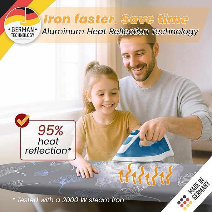 Ironing Board Cover and Pad 15x54 - Made in Germany Iron Board Cover with Heat Reflective Aluminum Coating and Padding- Heavy Duty Iron Board Cotton Cover with Elastic Drawstring Stretch Fit (Ginkgo)