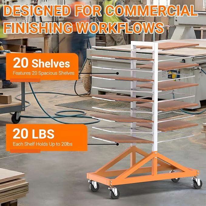 20-Tier Paint Drying Rack for Cabinet Doors and Wood Panels | Heavy-duty steel rack with locking wheels holds doors, drawer fronts, trim, and panels while saving valuable shop space