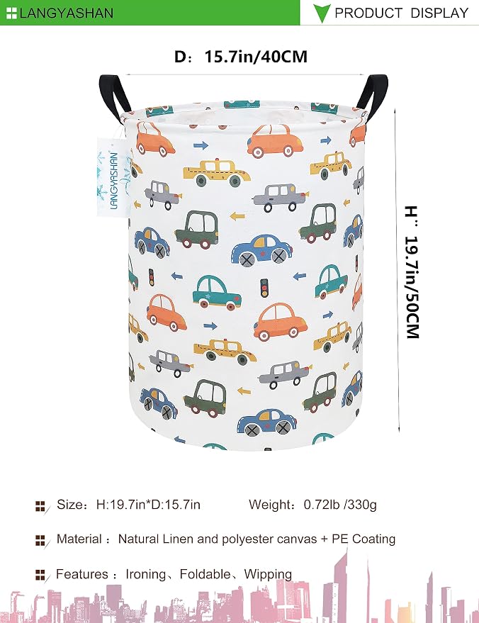Round Laundry Basket Collapsible Storage Hamper Color Cars | Waterproof Canvas Foldable Baskets with sturdy Handles Multi-scene Organizer for Home Play Bedroom Gift Bin