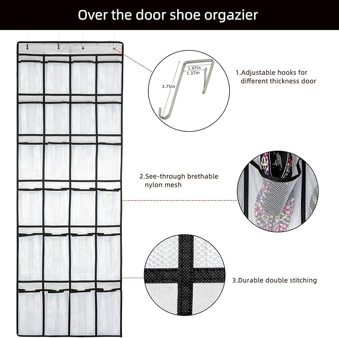 SAVERHO Over the Door Shoe Organizer, Hanging Shoe Organizer with 24 Mesh Large Pockets Door Shoe Rack Organizer for Men Women Kids Hanging Shoe Storage Bag.(White