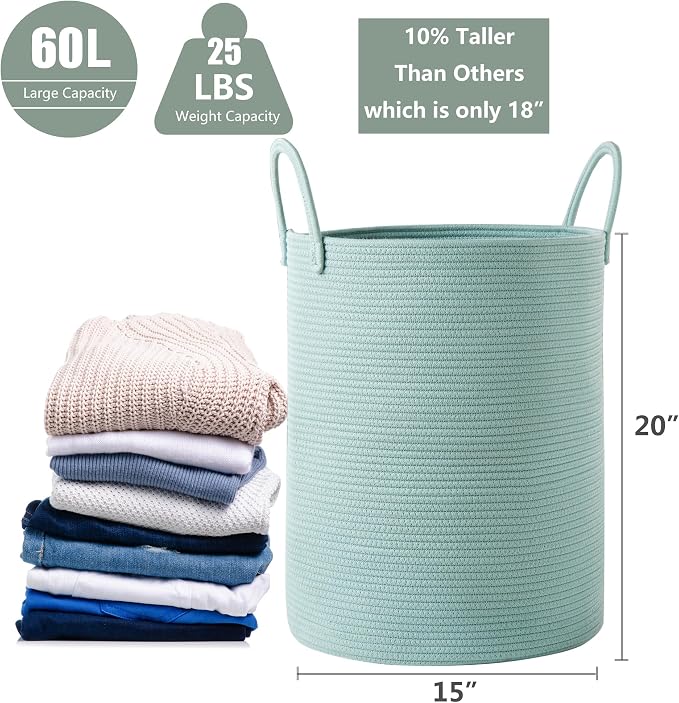 Tall Green Hamper Cotton Rope Laundry Basket 15Dx20H Inches | Woven Basket for Clothes Blanket Storage in Bedroom Living Room for Baby Nursery Kids Toys Organize 60L Large Capacity