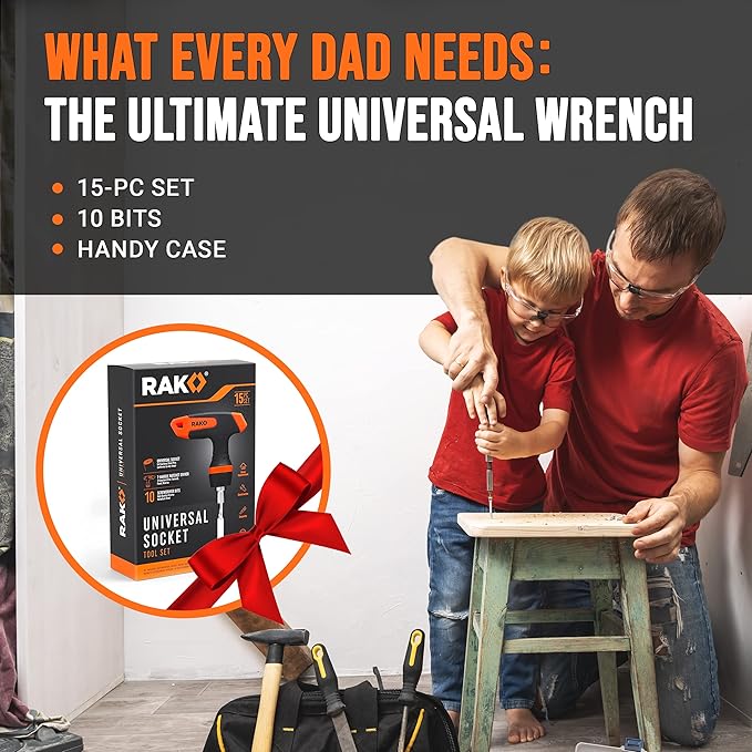 RAK Universal Socket Tool - Birthday Gifts for Men - Set of 15, 1/4-to-3/4-inch Wrench Grip, T-Handle Ratchet Driver, 10 Screwdriver Bits - Gifts for men, Husband, Handyman