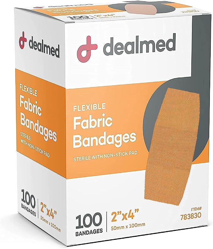 Dealmed Fabric Adhesive Bandages - Flexible Latex Free - 100 Ct (24 Pack) | 2 x 4 in, Sterile, Individually Wrapped, Non Stick Pad, Polyurethane PU, 2400 Total Count, Tan, For Hands And Toes