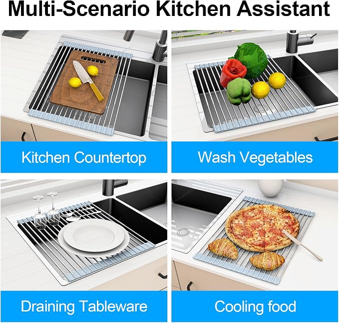 20.27 x 13.19 Inch Roll Up Dish Drying Rack, Expandable Over Sink Drying Rack 304 Stainless Steel Drainer for Counter Kitchen Home RV Essentials Foldable Over Sink Drying Rack, Grey