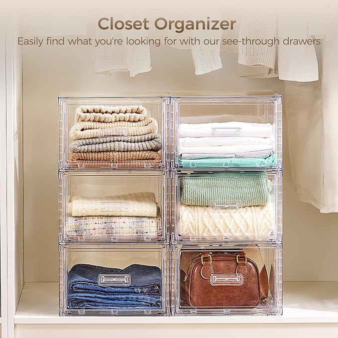 Vtopmart 9 Pack Clear Stackable Storage Drawers 15QT,Easily Assemble Closet Organizers,Plastic Storage Bins for Bathroom,Cabinet,Kitchen Pantry,Under Sink Organization(Medium)