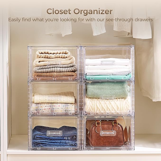 Vtopmart 4 Pack Clear Stackable Storage Drawers 15QT, Easily Assemble Closet Organizers,Plastic Storage Bins for Bathroom,Cabinet,Kitchen Pantry,Under Sink Organization(Medium)