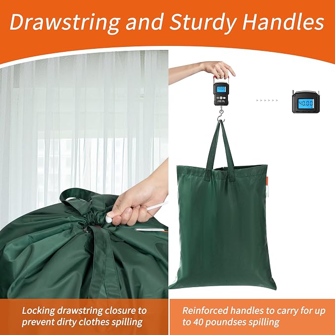 Extra Heavy-Duty Laundry Bag with Handles, Green, 21x24” | Medium Size, Name ID Tag, Machine Washable, Reinforced Handles, Drawstring Closure, For College Dorm Travel
