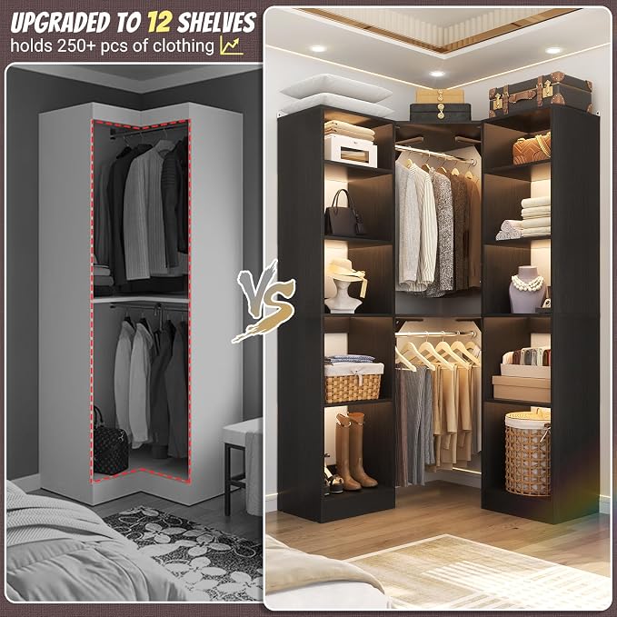 Besiost Corner Closet System with 12 Shelves, 39.2" Corner Closet Organizer System with 2 Hanging Rods, Versatile 6-Tier Walk-in Closets for Corner Space, Black (39.2" L x 39.2" W x 80" H)