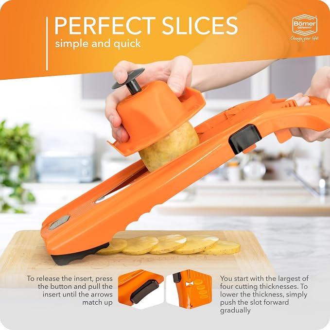 Börner Mandoline Slicer V5 (Basic Set) • Vegetable V-Slicer for Slices in 4 Thickness Settings • Stainless Steel V-Blade • Adjustable Kitchen Slicer for Vegetables & Fruits • Color: Orange