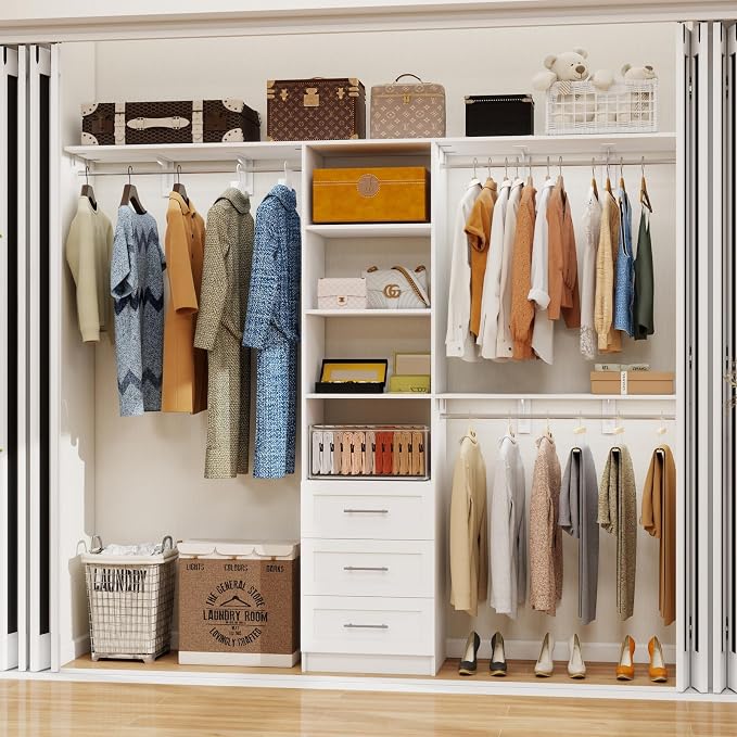 Closet System with Drawers, 5-8FT Closet Organizer Systems with Expandable Hanging Rods, 91.36" Closet Shelving Systems for Walk in Closets, Heavy Duty Wall Mount Closet Systems-White