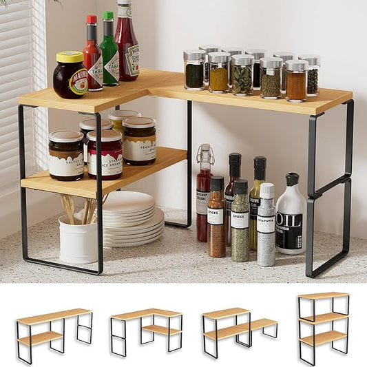 Golener Kitchen Counter Organizer, Countertop Shelf, Adjustable, Stackable | Kitchen Countertop Organizer, Spice Rack, 2-Tier Countertop Shelves, Corner Desk Shelf, Corner Counter Shelf, Bamboo