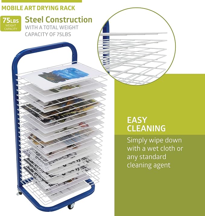 Pearington 25-Shelf Mobile/Wall Mountable Art Drying Rack for Art Studios & Classrooms, 13" D x 17.5" W x 39.4" H, Blue/White