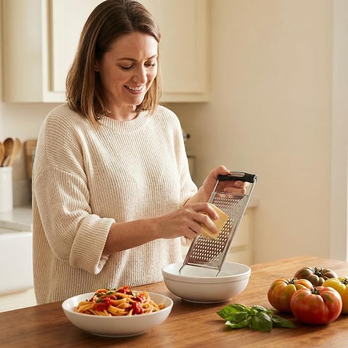 NACOLUS Stainless Steel Fine Cheese Grater & Zester with Ergonomic Handle - Dual Side for Fine Shredding and Zesting - Perfect for Hard Cheese, Citrus, Ginger, Garlic, Dishwasher Safe