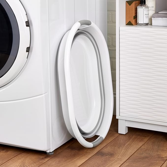 Laundry 360 Collapsible Laundry Basket | Portable | Space Saver Storage | 27 Liter Capacity | Store Under the Bed or Closet | Good for Kids | Dorm | Bedroom | Large | White/Grey