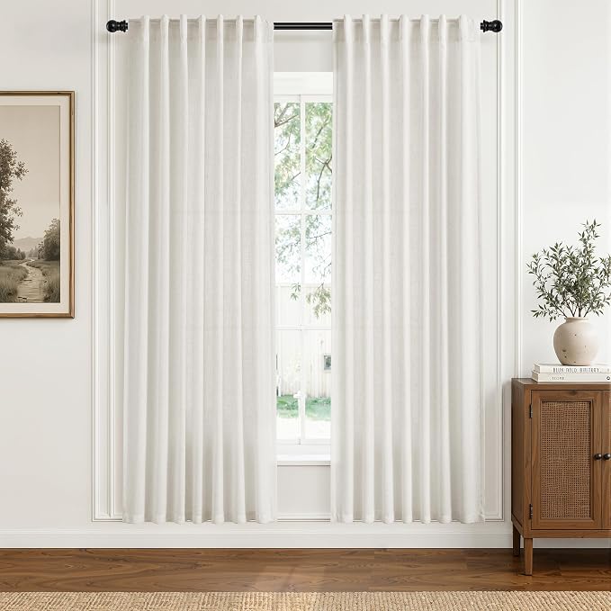 Hokibero Natural Linen Curtains 78 Inches Long for Living Room 2 Panels | Light Filtering Semi Sheer Curtain, Back Tab Rod Pocket Pleated Look, Ivory Privacy Drapes for Bedroom Window, Boho Farmhouse