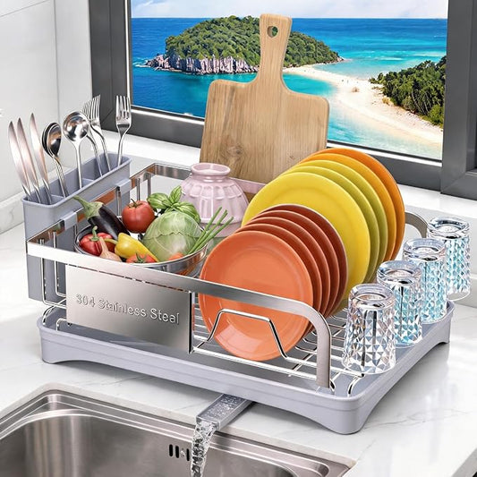 Godboat Dish Drying Rack -304 Stainless Steel Dish Rack for Kitchen Counter | Dish Drainer with Cutlery Knife Fork & Cup Rack, Auto-Drain to Sink, Gift for Wife Mothers Her, Home & Family Gadgets, Silver