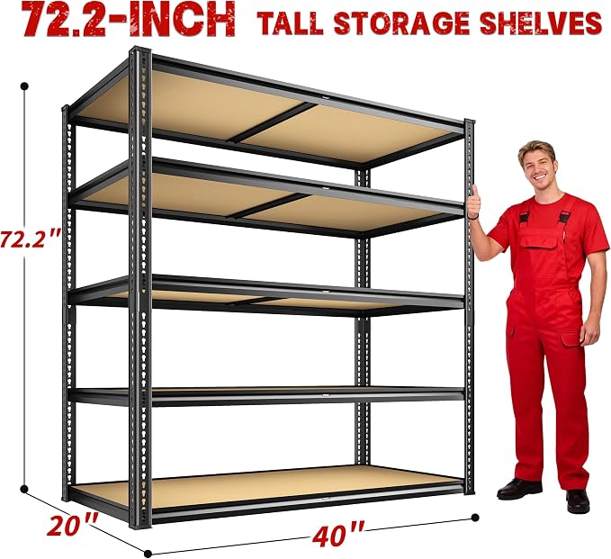 ROOMFAVE 40" W Garage Shelving 2300LBS Storage Shelves Adjustable Metal Shelving 5 Tier Garage Utility Rack Shelf for Warehouse, Pantry, Closet, Kitchen 72.2" H x 40" W x 20" D, Black,Gift