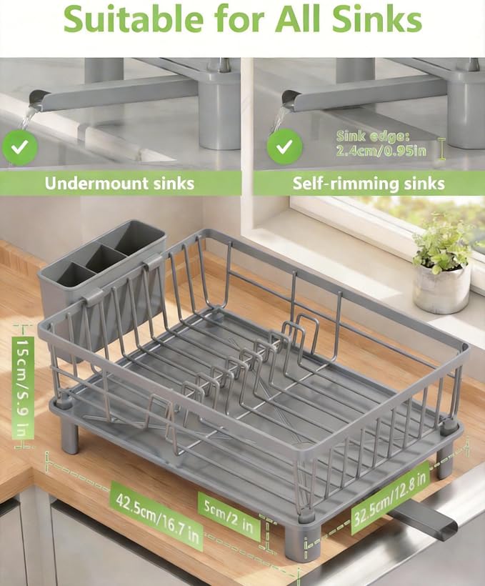 Dish Drying Rack for Kitchen Counter,Stainless Steel Drainers Rack with Detachable Cutlery Holder,Automatic Drainage System,Anti-Rust Dish Strainer Ideal for Families and Home