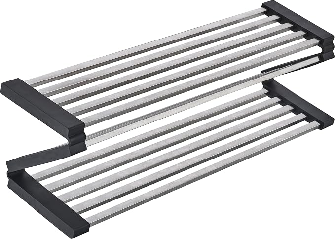 Foldable Over Sink Dish Drying Rack, 304 Stainless Steel Kitchen Drain Rack for Tableware, Detachable Silicone Edge, Rectangular Tubing (Brushed Nickel, 3 Fold 19.7" x 11.42")