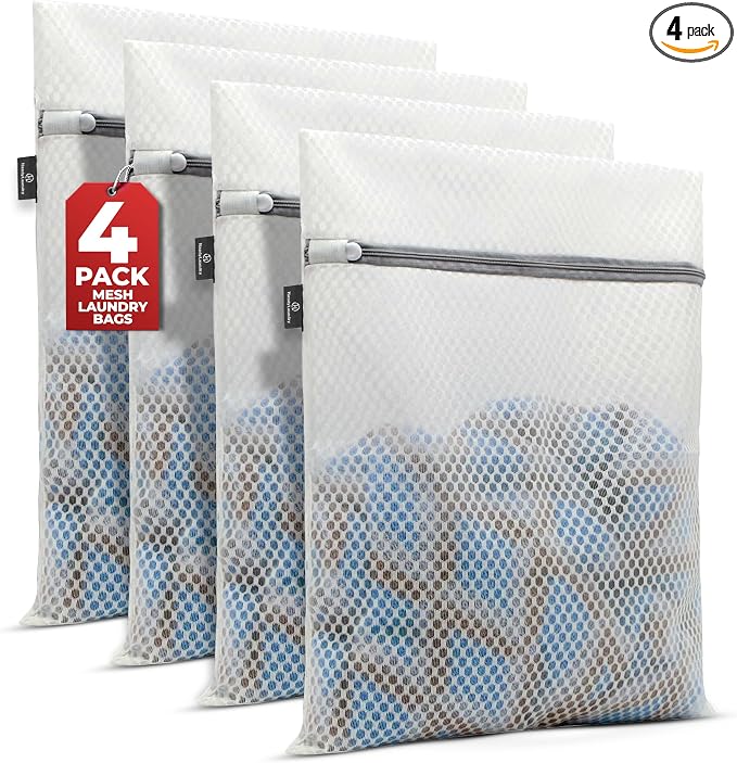 Handy Laundry Zippered Mesh Bags 4-Pack 12"x16", Honeycomb for Delicates | 4-Pack Zippered Honeycomb Mesh Bags 12x16, Machine Washable, for Lingerie Socks Underwear Delicates Wash