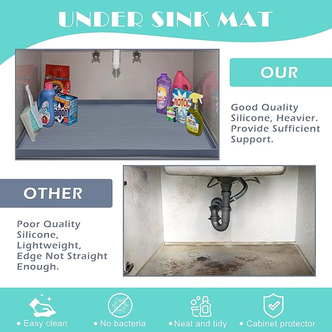 URMONA Waterproof Silicone Under Sink Mat 22'' x 22'' Shelf Liner for Kitchen and Bathroom, Cabinet and Counter Protector, Storage and Organizers, Litter Mat, Pet Cat Puppy Essentials(Green)