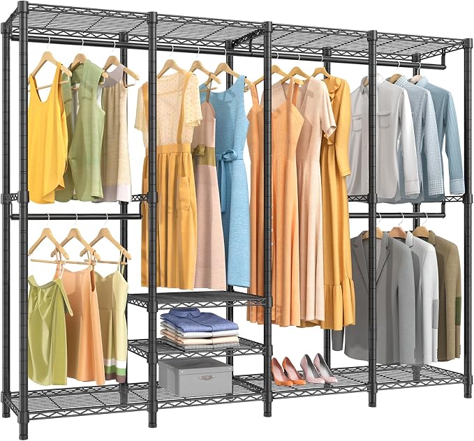VIPEK V40 Heavy Duty Clothes Rack, 1110lbs Capacity Sturdy Metal Garment Rack, Clothing Rack with 6 Shelves & 4 Hang Rods, Adjustable Open Wardrobe Closet Organizer for Bedroom/Apartment/Retail, Black