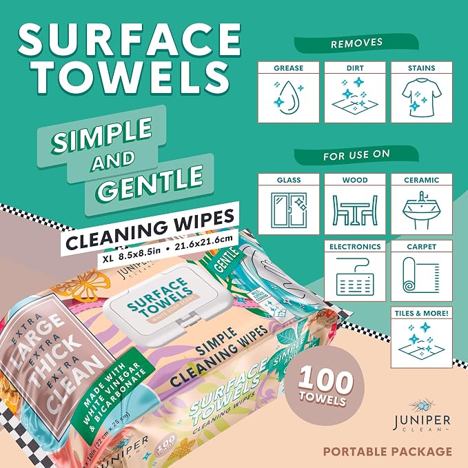 Juniper CLEAN Single Surface Cleaning Wipes, Thick & Large Dispose, All-Purpose Cleaner for Bathroom, Kitchen, Office, 100 Count Soft Flow, Biodegradable, White Soap Scent