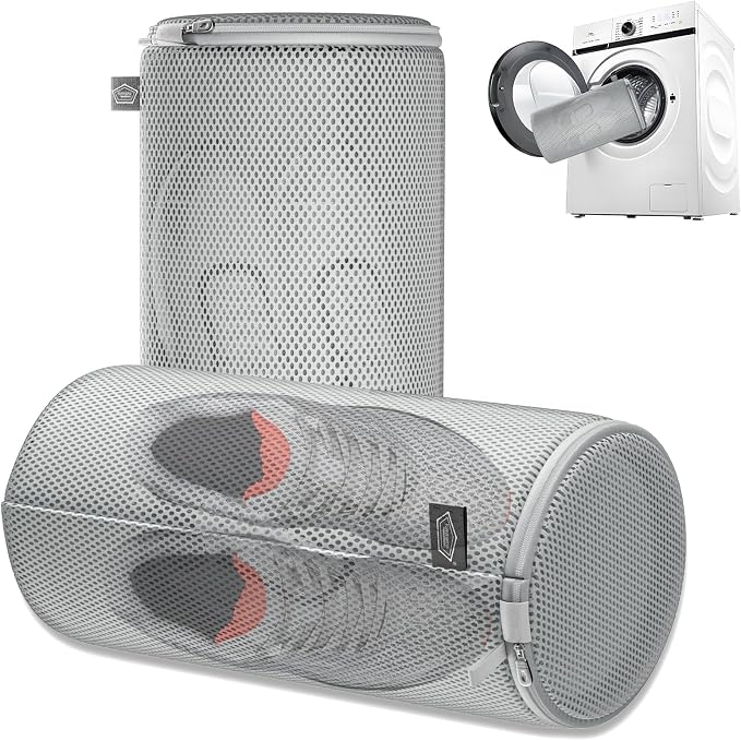 Shoe Washing Machine Bag, Laundry Bag for Sneaker, Grey, 8x15, 2Pcs | Shoe Washing Bag for Footwear, Trainers, Tennis, Slippers, Building Blocks, Sandwish Mesh, Travel, Divided, Prevent Tangling