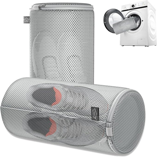 Shoe Washing Machine Bag, Laundry Bag for Sneaker, Grey, 8x15, 2Pcs | Shoe Washing Bag for Footwear, Trainers, Tennis, Slippers, Building Blocks, Sandwish Mesh, Travel, Divided, Prevent Tangling