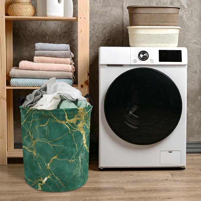 Modern Abstract Green and Gold Laundry Basket with Handles, Luxury Emerald Green Marble Collapsible Waterproof Laundry Hamper Clothes Storage Basket for Bedroom Bathroom Home