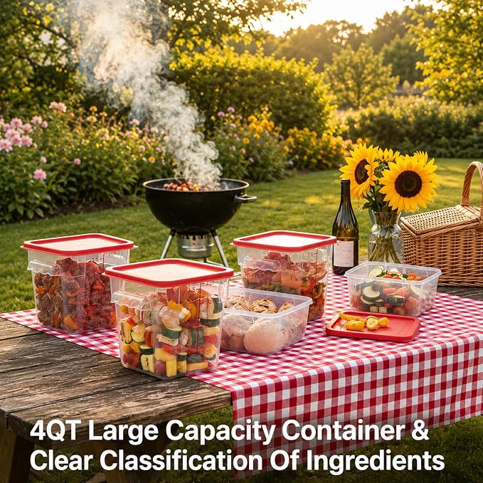 4 Pack 4QT Food Storage Containers with Red Lids, Clear Square Restaurant Commercial Food Storage Containers with Handle and Scale, Marinating Container Dough Rising Bucket for Home & Dining