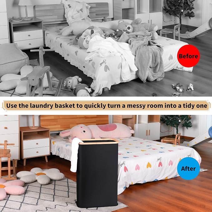 iEGrow 65L Slim Laundry Hamper, Narrow Laundry Basket with Lid，Black | Foldable Clothes Hamper with Bamboo Handles,Hamper Basket with Removable Inner Bag for Laundry Room Bedroom College Dorm