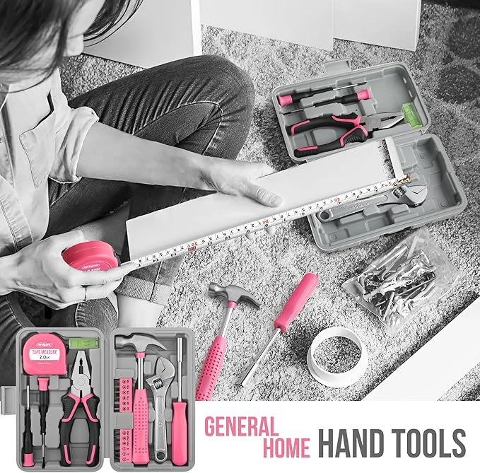 Hi-Spec Pink Tool Set 20-Piece. Ladies’ Starter Basic Hand Tools in a Compact Toolbox Case for Household and Office Repairs and Maintenance.