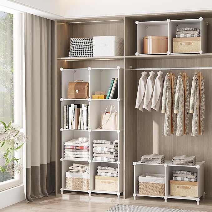 AWTATOS 8 Cube Storage Organizer, Closet Organizer Storage Shelf, White | DIY Stackable Storage Cubes Shelves for Closet, Bookcase Bookshelf, Plastic Shelving for Bedroom, Home Office
