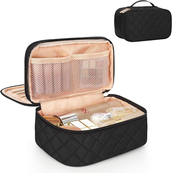 Relavel Small Makeup Bag, Travel Makeup Bag, Cosmetic Bag for Women, 2 Layer Makeup Organizer, Black Make Up Pouch Waterproof, Makeup Brush Holder, Durable Zipper (Black)