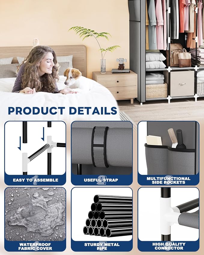 Mavivegue Portable Closet, 50 Inch Wardrobe Closet, Portable Closets for Hanging Clothes with 3 Hanging Rods and 6 Storage Shelves for Bedroom, Gray