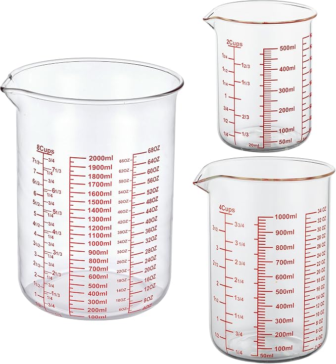 3 Piece Glass Measuring Cup Set, Includes 2-Cup, 4-Cup, and 8-Cup High Borosilicate Glasss Liquid Measuring Cups, Dishwasher, Freezer, Microwave, and Preheated Oven Safe, Essential Kitchen Tools