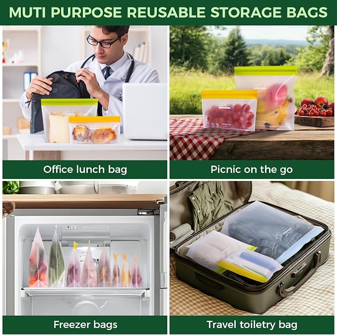 SPLF 10 Pack Stand-Up Reusable Food Storage Bags Dishwasher Safe, BPA Free Reusable Freezer Bags, Extra Thick Leakproof for Meal Prep, Sandwich, Bread, Veggies - 3 Gallon 4 Quart 3 Snack