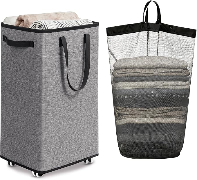 Goodpick 75L Collapsible Laundry Baskets with Removable Wash Bag and Wheels | Laundry Basket with Wheels, Rolling Laundry Hamper with Handle for College Dorm, Laundry Hamper on Wheels, Light Grey