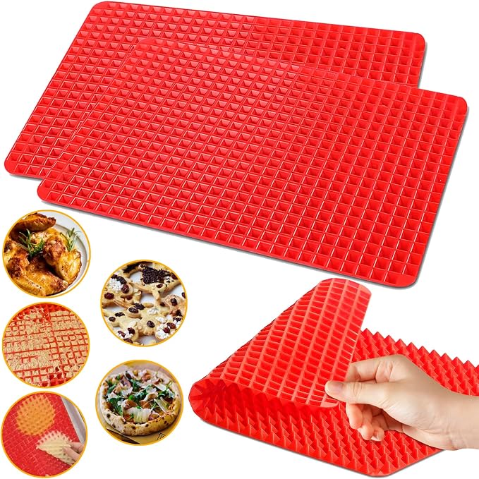 Silicone Baking Mat Pyramid Sheets Cooking Pan 16"x11" 2 Pack-Red，Best Healthy Fat Reducing Nonstick Cooking Mat for Baking Mat with Grid for Oven Grilling BBQ, Baking and Roasting