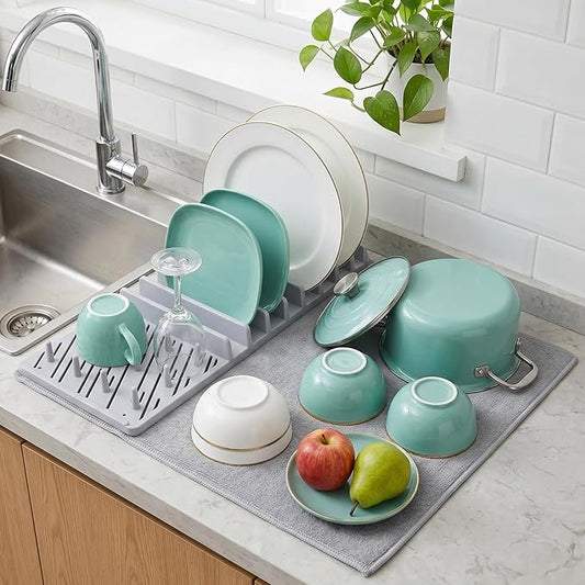 2-in-1 in Sink Dish Drying Rack with Dish Drying Mat,Collapsible Dish Drying Rack with Mat,Space-Saving Dish Rack for Kitchen Counter,Quick Dry Dish Drainers for Kitchen Sink (Grey White)