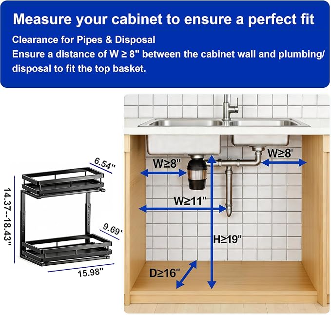 2-Tier Under Sink Organizer, Metal Pull Out Shelf, Black | Carbon steel, ball-bearing pull-out, 6-level adjustable, no-drill setup, for under-sink pipes and bottles