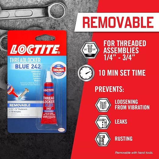 Loctite Threadlocker Blue 242 - Removable Thread Lock Glue for Nuts, Bolts, & Fasteners, Medium Strength Screw Glue to Prevent Loosening & Corrosion - 6 ml, 1 Pack