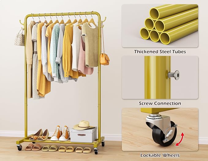 HOMIDEC Clothes Rail, Metal Clothes Rack with 4 Side Hooks, Bottom Storage Shelf and Wheels, Heavy-Duty Clothing Rail Holds Up to 40kg, Clothes Rails for Bedroom, Hallway, Clothing Stores, Golden