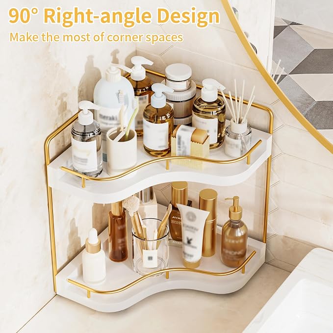 2-Tier Corner Bathroom Counter Organizer, Larger Size | Embedded Screw Holes, Sturdy & Stable, Oversized, Holds More, Vanity Shelf for Makeup & Skincare, White Gold