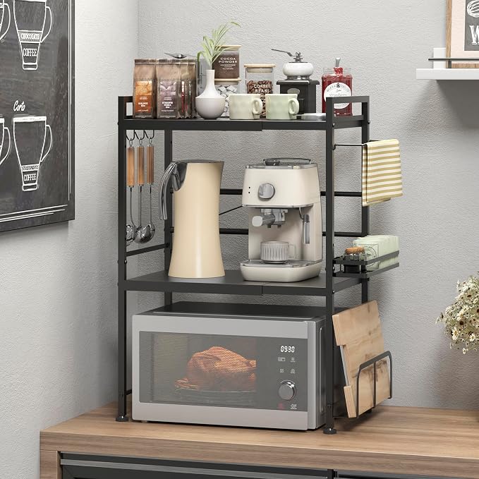 DOLALIKE Microwave Oven Rack, Expandable Microwave Stand Countertop Kitchen Utensils Tableware Storage, Carbon Steel Over Microwave Shelf Countertop with 6 Hooks | Adjustable Microwave Oven Rack Metal Storage Shelf for Pans Small Appliances Kitchen Ute...
