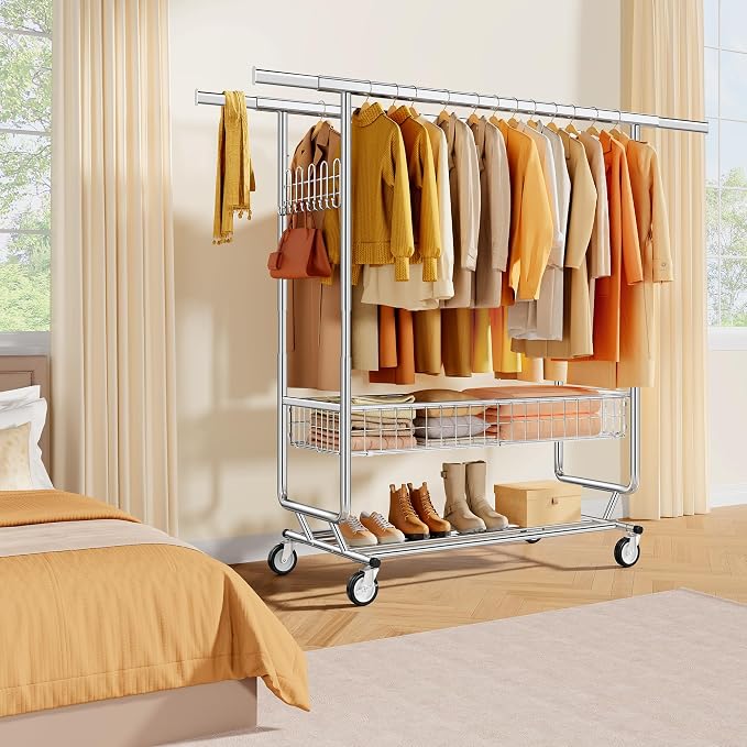 Gewudraw Clothes Rack Heavy Duty Load 1060 LBS With 4" Wheels,Commercial | Double Rod Rolling Clothing Rack,Extendable,Basket,Shelf, Hooks,Garment Rack for Bedroom, Laundry Room & Retail Store,Silver