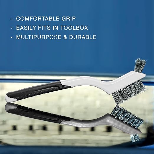 Wire Brush Set 3Pcs - Nylon/Brass/Stainless Steel Bristles with Curved Handle Grip for Rust, Dirt & Paint Scrubbing with Deep Cleaning – 7 Inches (Grey)