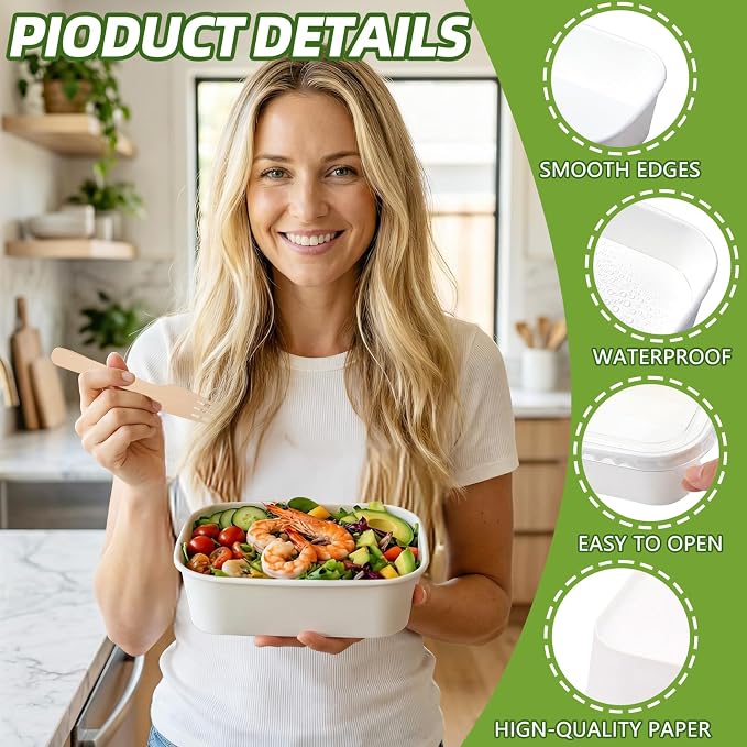 50 Pack 25 oz Paper Food Containers with Lids, Meal Prep Containers Disposable Large Paper Bowls, Microwavable and Freezer Storage Use Cardboard Food Containers (White)